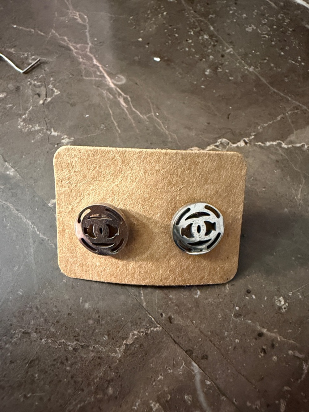 CHANEL Two-Tone Interlocking CC Button Earrings - Bronze & Silver